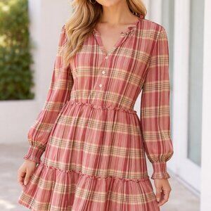 J Crew Sweet Briar Dress Size 14 Cottage Core Pink Plaid Pockets Ruffles Prairie